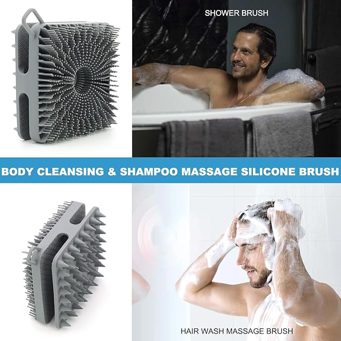 Silicone Body Scrubber Men, Dual-Sided Design Exfoliating Body Brush Buffer Scrubber and Scalp Massager, Shower Scrubber for Body, Silicone Loofah, Ergonomic No-Slip, Easy to Clean (Grey)
