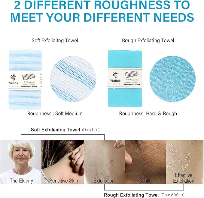 Yiclick 2 Pack Exfoliating Washcloth Towel - Exfoliating Body Scrubber Exfoliator, Loofah Sponge Wash Cloth, Korean & Japanse & African Net Sponge Rag - Back Scrubber Washer (Blue)