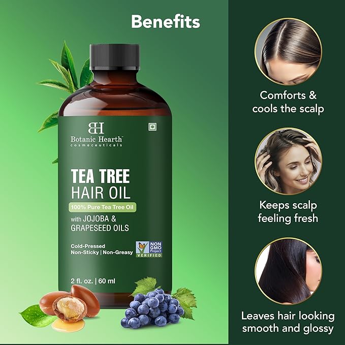 Botanic Hearth 100% Pure Tea Tree Oil For Hair Growth | Infused with Jojoba & Grapeseed Oils | Hair Oil Repairs Dry Damaged Hair, Strengthening, Healthier - Hair Tonic, 2.0 fl oz