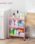 TOOLF 3 Tier Rolling Utility Cart - Durable Metal Design Pink Utility Cart, Storage Trolley on Wheels with 3 Hooks, Perfect for Kitchen, Bathroom & Laundry Room Organization