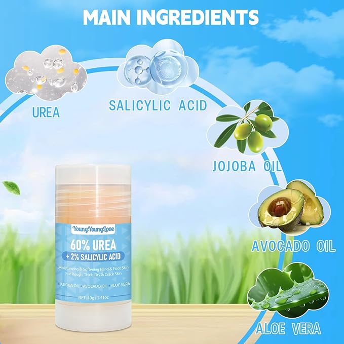 Urea Cream 60% with 2% Salicylic Acid Foot & Hand Cream Stick - Repair Balm for Cracked Hands, Elbows, Knees, Feet & Heels, Calluses and Exfoliation, Hydrates & Softens Dry Skin, 1.41 oz (1)