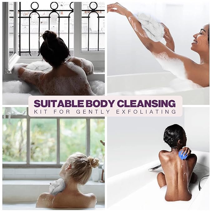 3 Pieces Exfoliating Washcloth Shower Towel African Net Sponge Japanese Wash Cloth Face Exfoliating Sponge Loofah Exfoliating Body Scrubber for Body Exfoliation(Black White Blue)