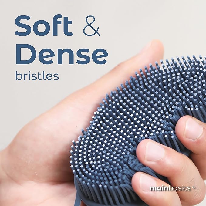 MainBasics Silicone Body Scrubber – Dual-Sided Shower Scrubber with Massage Nodes, Silicone Loofah Alternative for Deep Clean (Dark Blue, Massage)