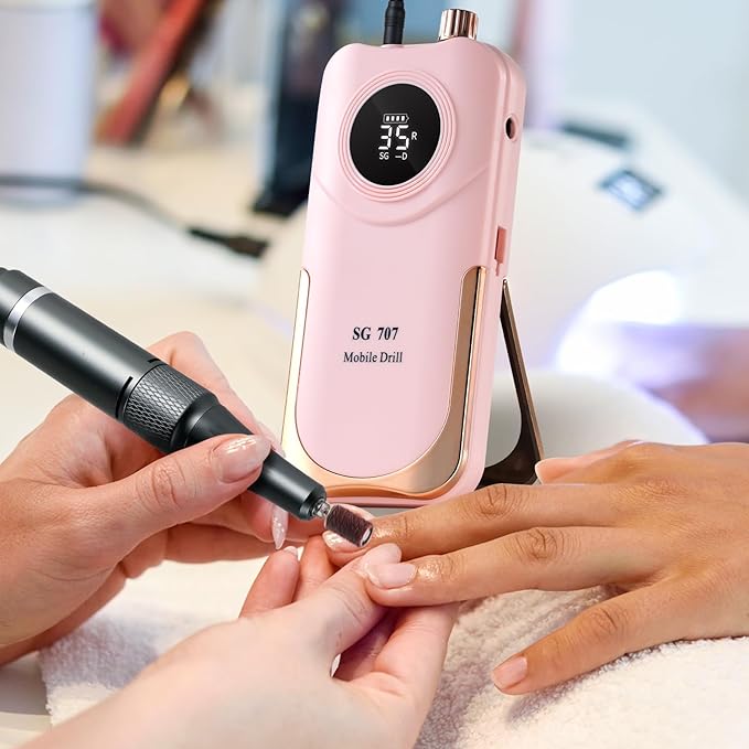 Portable Electric Nail Drill Cordless,35000 RPM Electric Nail File with Holder,Rechargeable Nail Drill E Filer for Nails,Electric Nail Buffer Nail Filer Electric Tool for Women (Pink)