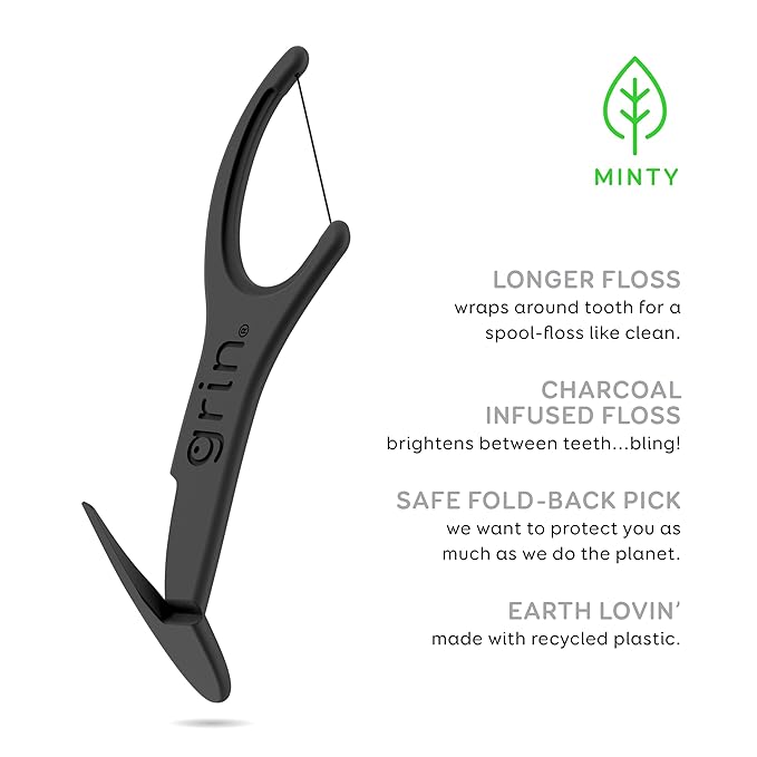 GRIN White Charcoal Infused Flosspyx, 75 Count, Dental Flossers, Minty Flavor, Recycled Plastic, Charcoal Infused Floss Picks, Premium Longer Floss Head, Easy Slide, Includes Soft Fold-Back Tooth Pick