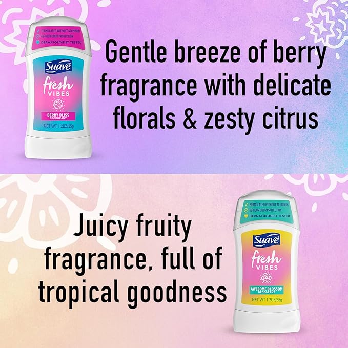 Suave Aluminum-Free Deodorant, Kids & Teen Girls – Fresh Vibes Berry Bliss & Awesome Blossom, 48H Protection, 1.2 Oz Ea
