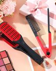 CHENGU 2 Pcs Straightening Comb For Hair, Boar Bristles Clamp Double Sided Brush Hair Straightening Brushes Comb Flat Iron Styling for Knotty Unkempt(Black, Red)