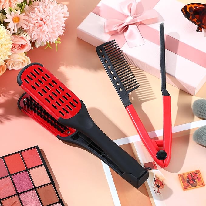 CHENGU 2 Pcs Straightening Comb For Hair, Boar Bristles Clamp Double Sided Brush Hair Straightening Brushes Comb Flat Iron Styling for Knotty Unkempt(Black, Red)
