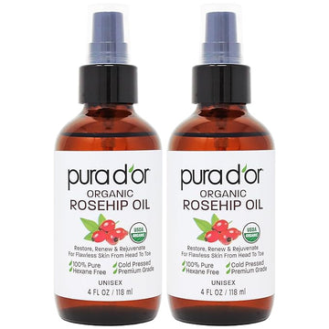 PURA D'OR ORGANIC Rosehip Seed Oil Hair Relaxer (4 Oz x2 = 8 Oz) 100% Pure Cold Pressed USDA Certified All Natural Anti-Aging, Scar Treatment, Gua Sha Massage, Face, Hair & Skin - Women & Men