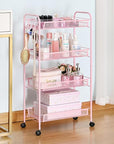 TOOLF 4 Tier Rolling Utility Cart - Durable Metal Design Pink Utility Cart, Storage Trolley on Wheels with 3 Hooks, Perfect for Kitchen, Bathroom & Laundry Room Organization