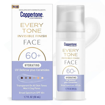 Coppertone Every Tone Invisible Finish Hydrating UV Defense Face Sunscreen SPF 60+ with Ceramides, Lightweight, Blends in Clear Sunscreen for All Skin Tones, 1.7 Fl Oz Pump Bottle