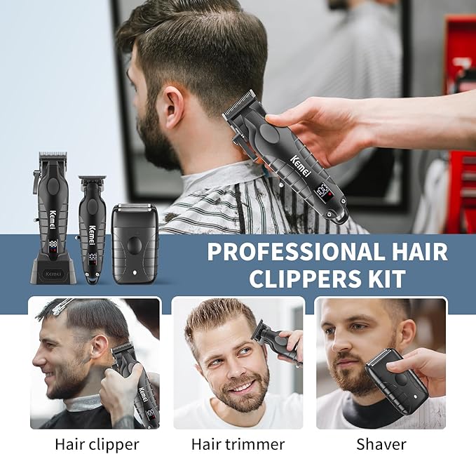 KEMEI Professional Hair Clippers for Men, Cordless Barber Clippers Set and Trimmers Kit, Rechargeable Electric Foil Shaver & Beard Trimmer, Men's Facial Grooming, Hair Cutting Tools, Gifts for Men