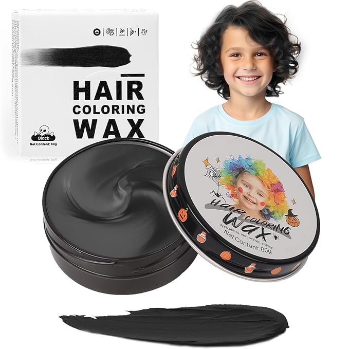 Temporary Black Hair Color Wax for Kids, Washable Colored Hair Styling Mud, Women Men Style Dye for Girls Boys Teens, Instant Hair Coloring Gel Cream for DIY Cosplay Halloween Children's Day