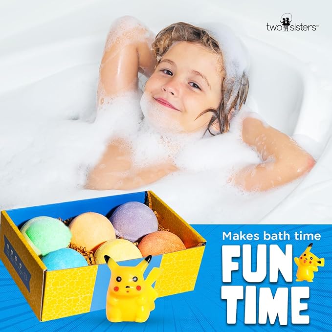 Poke Monster Bath Bombs for Kids with Surprise Toys Inside (6 Pack) - Large Bubble Bath Bomb for Boys, Girls, Toddlers - Fruity Scents, Made in USA, Skin-Safe - Birthday Gift by Two Sisters