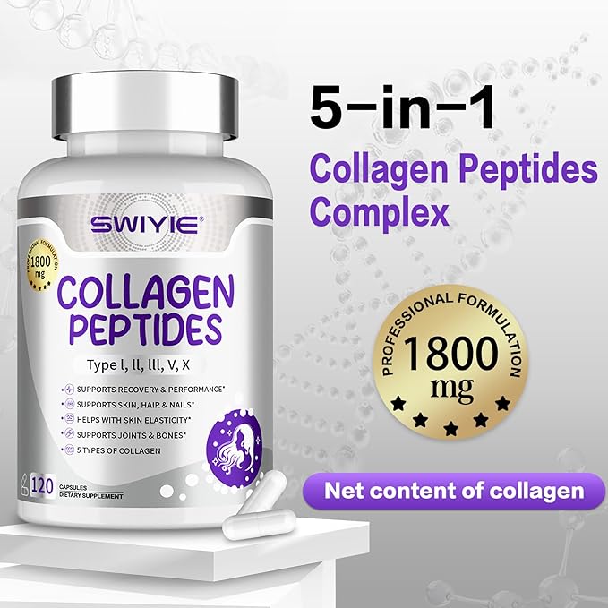 Multi Collagen Peptides Capsules 1800mg, Hydrolyzed Collagen Supplements for Women & Men with Types I, II, III, V & X, Collagen Protein Supports Skin Nails Bones & Joints | 120 Count