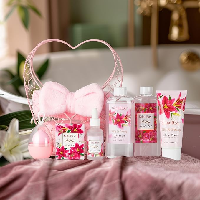 Gift Basket For Women, Mother's Day Gift for Mom Spa Set Lily & Peony Home Spa Set, Beauty Personal Care Set Jojoba Oil, Spa Self Care Kit, Bath Body For Thank You, Birthday, Mom, Anniversary Gift