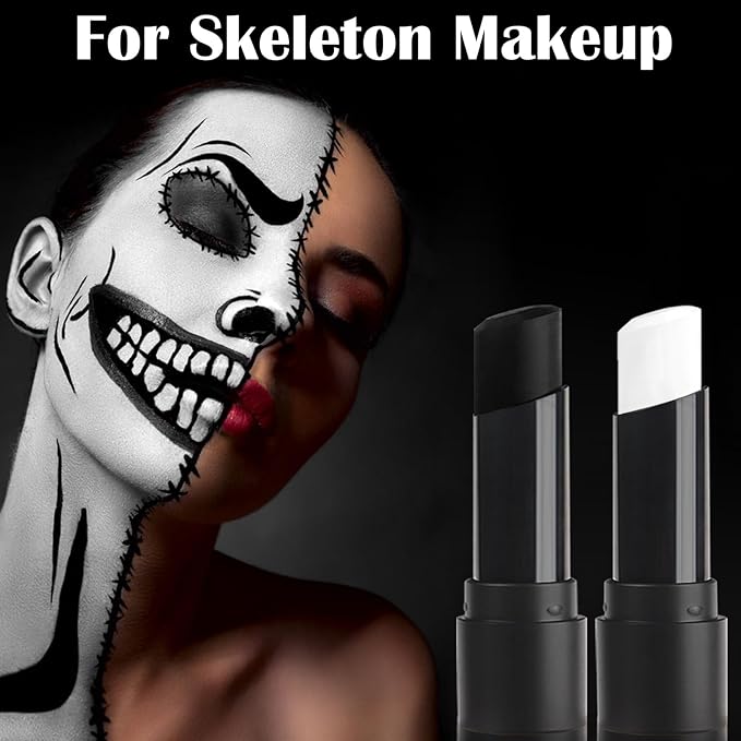 MEICOLY Black White Face Body Paint Stick Set,Waterproof Face Paint Stick for Adults and Kids,Clown White Makeup,Face Painting for Halloween SFX Skull Zombie Skeleton Goth Makeup