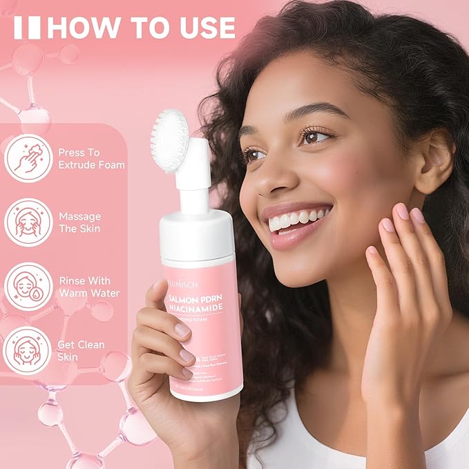 Salmon DNA PDRN Facial Cleanser | Low pH Hydrating Daily Foaming Face Wash with Soft Massage Heads | PDRN, Collagen & LHA | Gentle Pore Care & Radiant, Balanced-Looking Skin