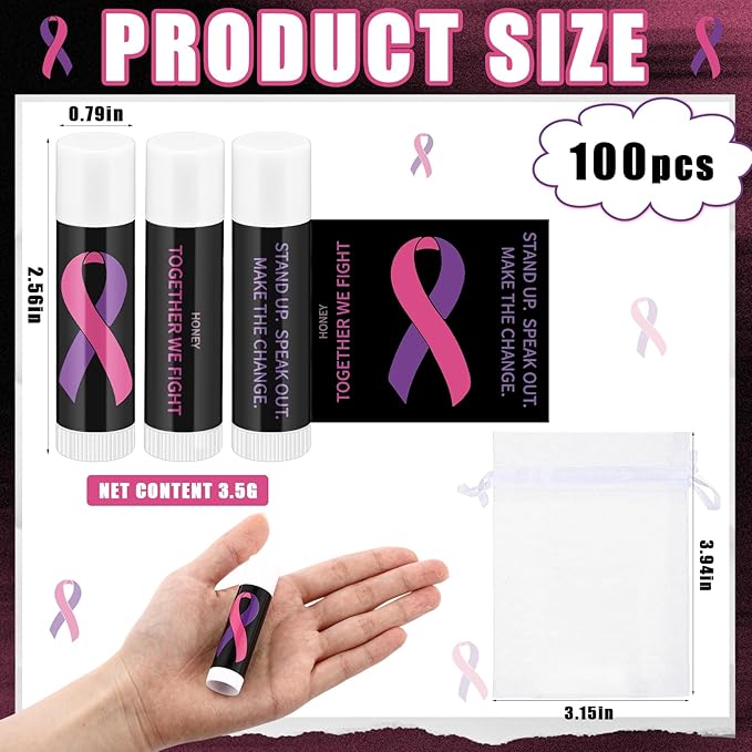 Fumete 100 Pcs Breast Cancer Awareness Lip Balm Bulk Pink Ribbon and Purple Ribbon Domestic Violence Awareness Moisturizer and Nourishing Lip Balm Gifts for Women Men Party Supplies, 4 Scents