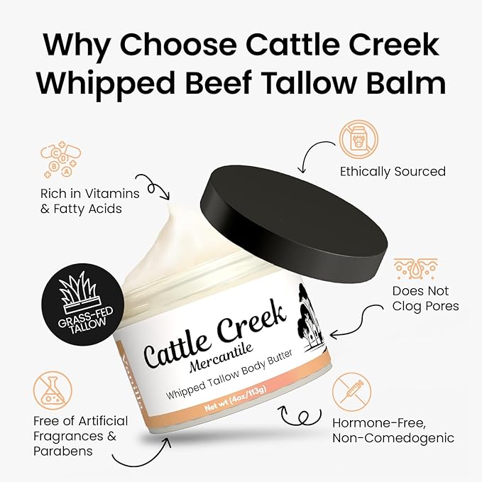 Cattle Creek Whipped Beef Tallow for Skin & Face – Deeply Moisturizing Tallow Balm – Organic Grass-Fed Skincare – Nourishes Dry, Sensitive Skin– Non-Comedogenic, Fast-Absorbing (4oz, Vanilla)
