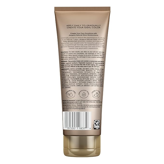 Jergens Natural Glow +FIRMING Self Tanner, Sunless Tanning Lotion for Fair to Medium Skin Tone, Anti Cellulite Firming Body Lotion for Natural-Looking Tan, 7.5 Ounce