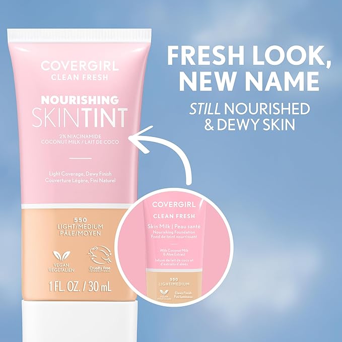 COVERGIRL Clean Fresh Nourishing Skin Tint, 510 Porcelain, Liquid Foundation, Dewy Finish, Infused with Coconut & Aloe, Vegan Formula