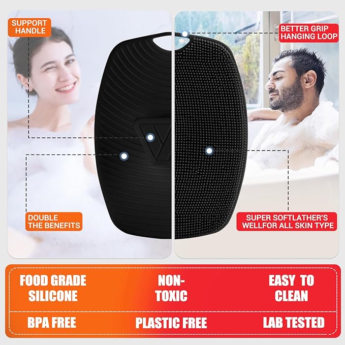Zinc Infused Silicone Body Scrubber for Shower,Food-Grade Handheld Cleansing Skin Brush, Gentle Exfoliating and Lather Well - Black