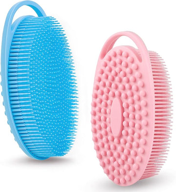 2 Pack Silicone Body Scrubber for Shower, Soft & Gentle Loofah Alternative for Sensitive Skin, Quick-Drying & Hygienic Body Wash Scrubber Brush for Women, Men & Kids (Blue & Pink)