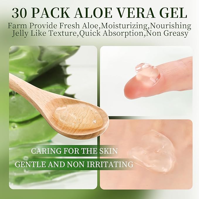 30 Pack Aloe Vera Gel for Face, Hair, Skin, Sunburn Relief, 99% Pure Aloe Vera Gel for After Sun Skin Care Relief, Bulk Aloe Gel Travel Size for All Skin Types
