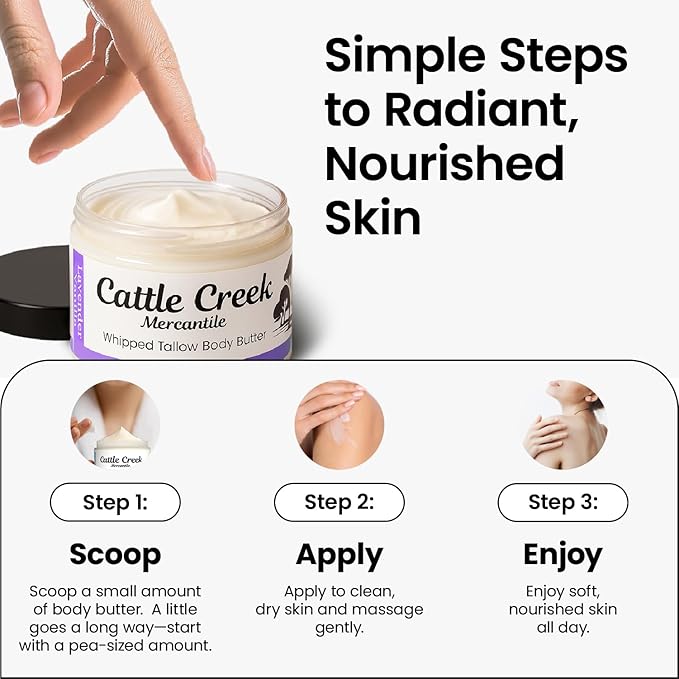 Cattle Creek Whipped Beef Tallow for Skin & Face – Deeply Moisturizing Tallow Balm – Organic Grass-Fed Skincare – Nourishes Dry, Sensitive Skin– Non-Comedogenic, Fast-Absorbing (4oz, Lavender Vanilla)
