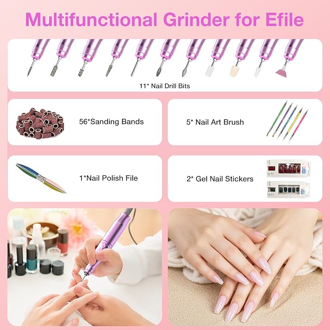 Electric Nail Files, 45000 RPM Professional Nail Drill for Acrylic Nails Gel, Adjustable Speed E File for Nails, Cordless Rechargeable Nail Drill Kit for Manicure Salon Home(Pink,Gift Box)