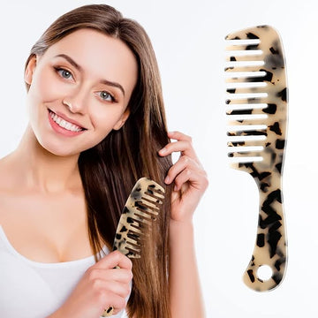 Large Wide Tooth Hair Comb, LADYAMZ [Tortoise Shell] Cellulose Acetate Round Tooth Comb for Straight/Curly Hair,Short/Long Hair Women Men or Kids, Easy Detangling Wet or Dry, Anti-static (Ivory)