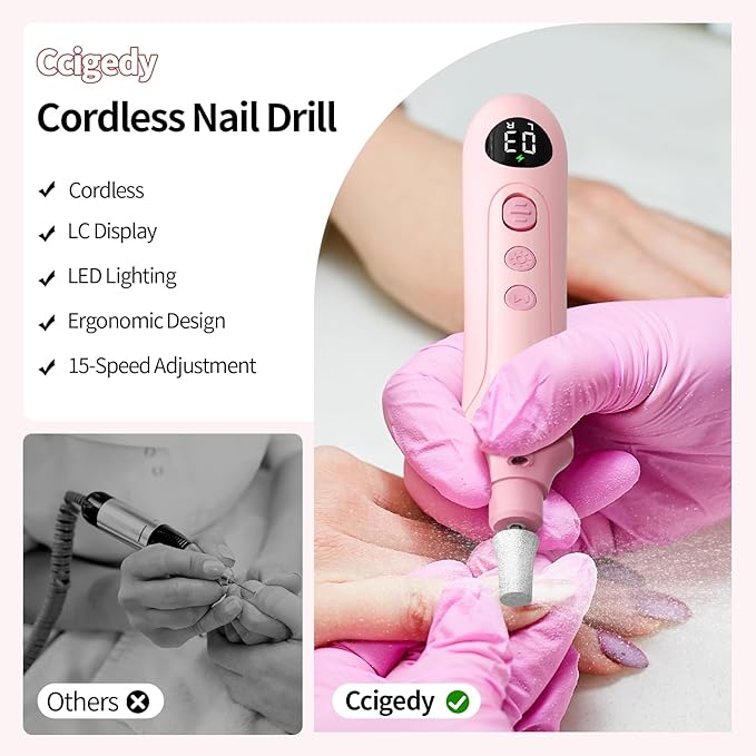 Professional Manicure Pedicure Electric Toenail Grinder Kit - Cordless Electric Nail File Set for Thick Nails Hand Feet Care ,15 Speed,Nail Drill with LED Display Ideal Gift for Men and Women-Pink