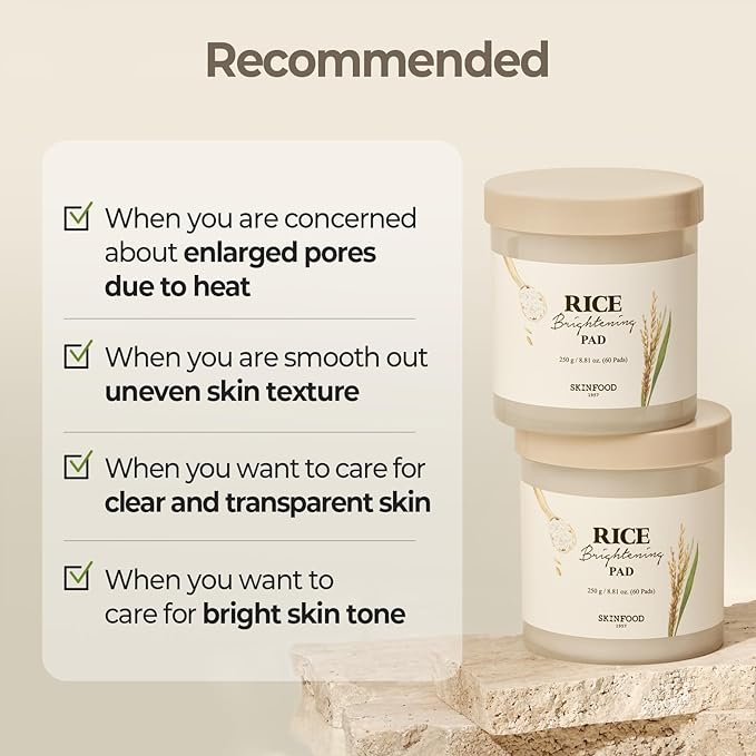 SKINFOOD Rice Brightening Toner Pad, Korean Skincare Face Toner Pads with 48 Hours Fermented Rice Water for Glow Glass Skin, Hydrating, 100% Cotton Pad, Vegan, 8.81 oz(60 Pads)