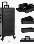 Profesional Rolling Makeup Train Case with Lid, 5 in 1 Cosmetology Case on Wheels, Large Cosmetic Trolley Organizer Travel for Hairstylist Artist Nail Beauty Salon Barber, Black