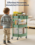 YASONIC 3-Tier Rolling Cart, Green, 66 Pounds Capacity, Mesh Storage Organizer with Lockable Wheels, 3 Hanging Cups, 4 Hooks, Easy Assembly, for Kitchen, Bathroom, Laundry, Grocery