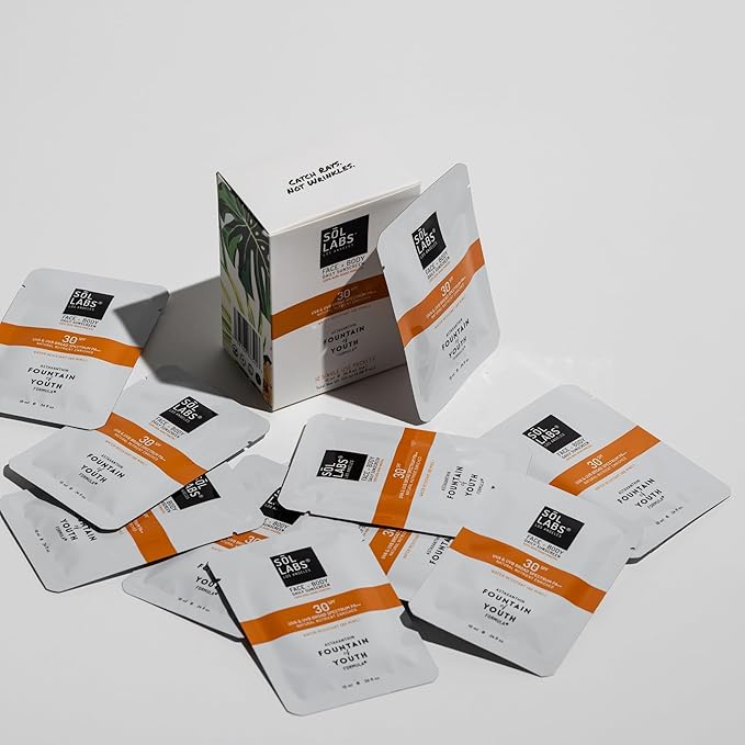 SOL LABS Daily Face and Body Sunscreen SPF 30 | On-The-Go All Natural Mineral, Water Resistant, Reef Safe, Korean Lightweight Formula, No White Cast, Ultra Hydrating, 12 Individual Use Packets