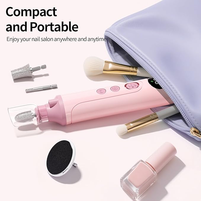 Professional Manicure Pedicure Electric Toenail Grinder Kit - Cordless Electric Nail File Set for Thick Nails Hand Feet Care ,15 Speed,Nail Drill with LED Display Ideal Gift for Men and Women-Pink