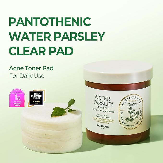 SKINFOOD Pantothenic Water Parsley Clear Toner Pad, Daily Exfoliating Pads for Sensitive Skin, Korean Skincare Sebum Control Face Toner for Trouble Skin, 8.81 oz (60 Pads)