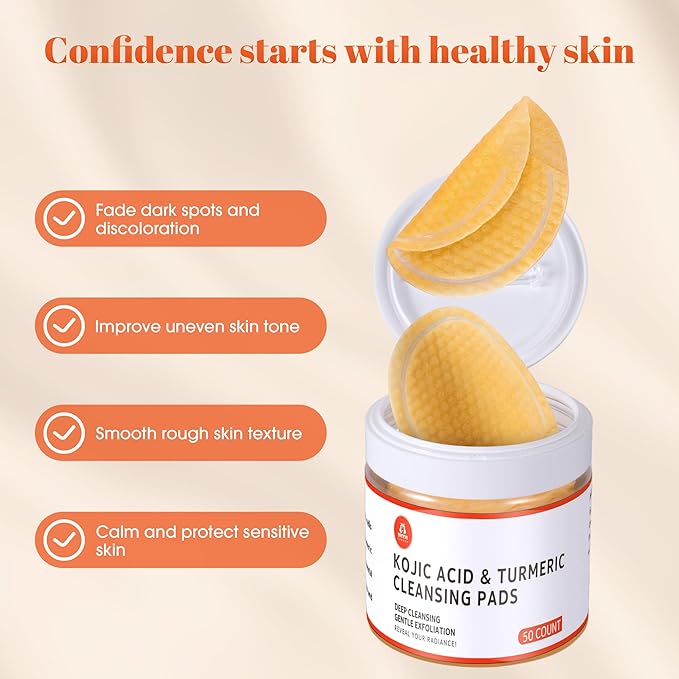 Turmeric Kojic Acid Cleansing Pads: Dark Spot Remover & Skin Brightening Exfoliating Pads – Gentle Turmeric Facial Pad for Even Skin Tone, Radiant Complexion – 50PCS