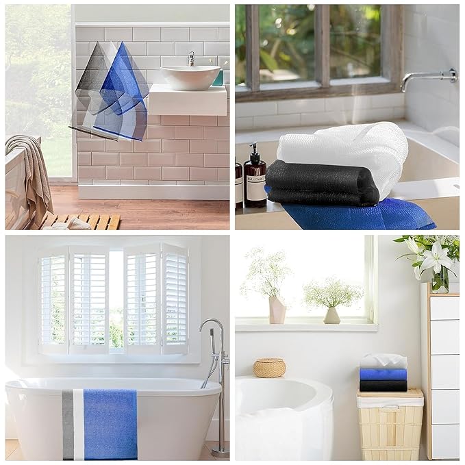 3 Pieces Exfoliating Washcloth Shower Towel African Net Sponge Japanese Wash Cloth Face Exfoliating Sponge Loofah Exfoliating Body Scrubber for Body Exfoliation(Black White Blue)