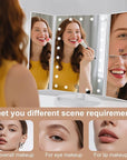deweisn Floor Mount Tri-Fold Lighted Vanity Mirror with 21 LED Lights, Touch Screen and 3X/2X/1X Magnification, Two Power Supply Modes Make Up Mirror,Travel Mirror