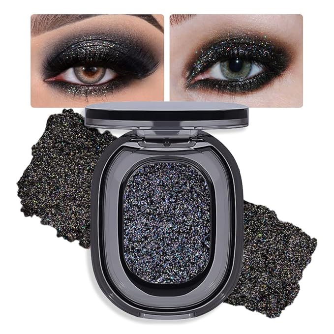 Black Glitter Eyeshadow Palette Makeup for Women, Glitter Shimmer Metallic Holographic Iridescent Single Monochrome Eyeshadow Halloween Birthday Party Wear Makeup, Sombras Crema Para Ojos