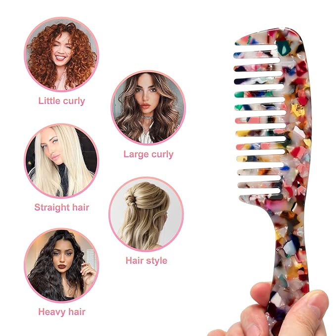 Large Wide Tooth Hair Comb,[Tortoise Shell] Cellulose Acetate Round Tooth Comb for Straight/Curly Hair,Short/Long Hair Women Men or Kids,Easy Detangling Wet or Dry,Anti-static (Multi-colored)