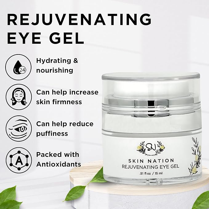 Skin Nation Rejuvenating Eye Gel, Super Hydrating with Peptides, Hyaluronic Acid and Green Tea, Lightweight Plant Based Under Eye Cream for Puffiness, Dark Circles and Smooth Skin, 0.51 oz