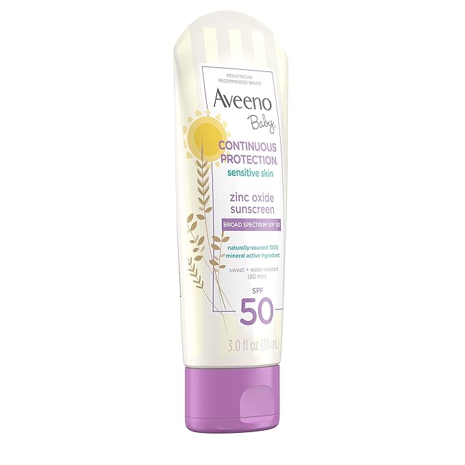 Aveeno Baby Continuous Protection Zinc Oxide Mineral Sunscreen Lotion for Sensitive Skin, Broad Spectrum SPF 50, Tear-Free, Sweat- & Water-Resistant, Paraben-Free, Travel-Size, 3 fl. oz