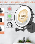 FUNTOUCH 10" 1X/30X Wall Mounted Lighted Makeup Mirror, 4500mAh Rechargeable Double Sided Magnifying Mirror with Adapter, 3 Color Lights,Touch Dimmable, 360 Rotation Extended Arm for Bathroom,Black