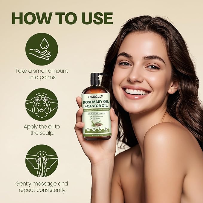 Rosemary Castor Oil for Hair Growth 16oz - 100% Pure Rosemary Oil with Castor Oil, Blend of Effective Hair Oils For Hair Growth, Hydration Scalp, Reduce Loss & Split Ends