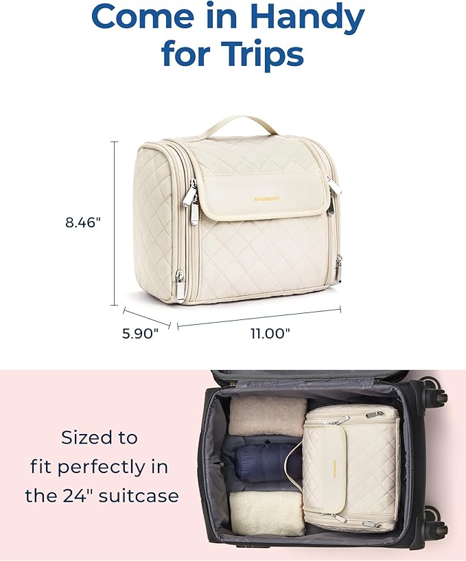 BAGSMART Toiletry Bag Travel Makeup Bag with Hanging Hook, Cosmetic Bag Make Organizer Case, Large Capacity Water-resistant Organizer for Toiletries Accessories Brushes Sponge, Beige