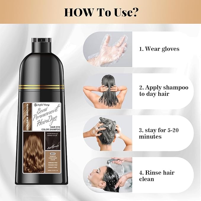 Natural Color Hair Dye Shampoo 3 IN 1, Instant Hair Coloring, Gray Coverage for Men & Women, Beard Dye Vegan Ammonia Free & Paraben-Free, Champú Para Canas Mujer & Hombre (GOLDEN BROWN)